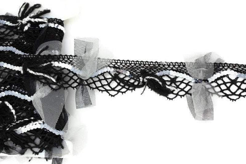 Black and White Fancy Embellished Lace Trim by Bacus Lace Made in France Designer Lace 1-1/8 inches width per yard